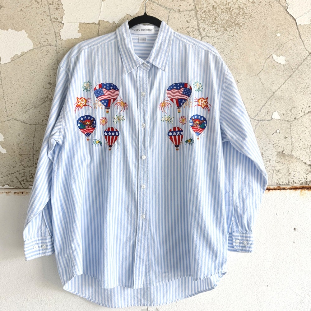 Vintage Button Down Shirt Embroidered Patriotic Hot Air Balloon 4th of July 90s